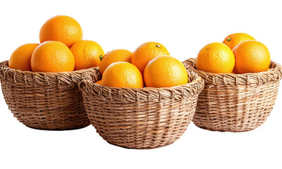 Three decorative baskets filled with bright oranges on a isolated on transparent background.