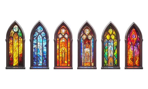 Stunning collection of stained glass windows showcasing religious themes isolated on transparent background.