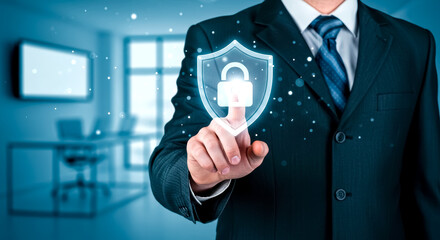 Cyber Security Professional points to padlock symbol on shield to represent network data protection and access control in modern office.