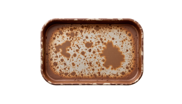 against a dark background, a rectangular tray dominates the center of the frame. the tray features a light interior surface covered in numerous small, dark spots and a few larger, irregular patches