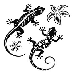 Two stylized lizards and floral elements are visible as black silhouettes on white