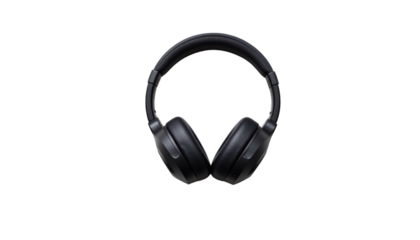 against a stark black backdrop, a pair of over ear headphones takes center stage. the headphones feature a smooth, curved headband