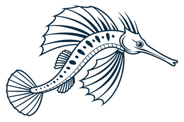 Navy Blue Seahorse with Spiked Dorsal Fin and Spots swims Across a White Background