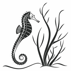 Fototapeta premium Stylized seahorse illustration features intricate black detailing beside simple seaweed vegetation, conveying serene ocean life