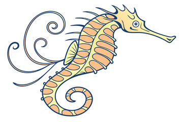 Decorative seahorse presents a whimsical blend of spiral details and captivating artistic underwater ocean charm