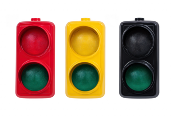 Three colorful traffic lights in red, yellow, and black are displayed, each with two circular lenses. vibrant colors and simple design evoke playful and educational feel