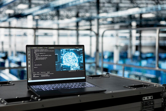 Close up of AI code running on laptop managing server room rigs machines powering networks. Artificial intelligence tech on notebook in data center facility helping process large datasets - Powered by Adobe