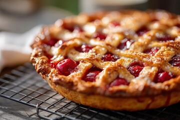 Flaky cherry pie cooling on a rack after being freshly baked at home kitchen