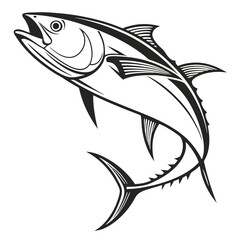 Bold monochrome tuna soars upward with open mouth in this stylized vector