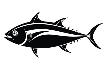 Monochrome illustration shows a powerful tuna fish swimming isolated against white