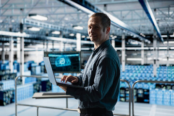 Obraz na płótnie Canvas Portrait of smiling engineer in AI data center monitoring error logs for debugging processes. Cheerful employee in server farm reviewing code for artificial intelligence based automation scripts