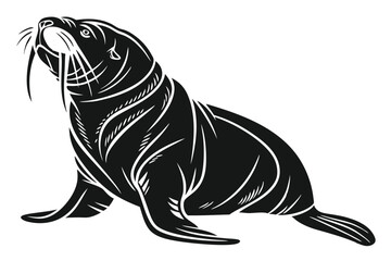 Stylized walrus displays its tusks in a monochromatic pattern, resting majestically upon the surface