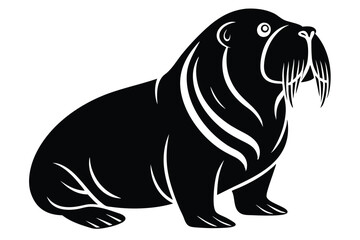 A solid black walrus with detailed tusks is sitting on a white background