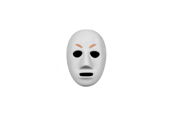 White theatrical mask with exaggerated facial features, including arched eyebrows and neutral expression, is set against transparency background. mask simplicity evokes mystery and drama