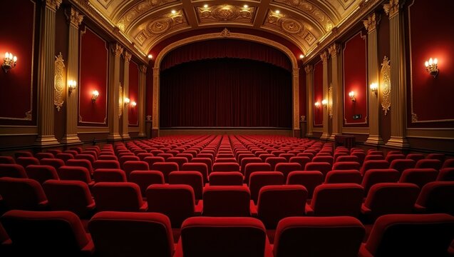 Interior of a classic theater with red seats and ornate details.