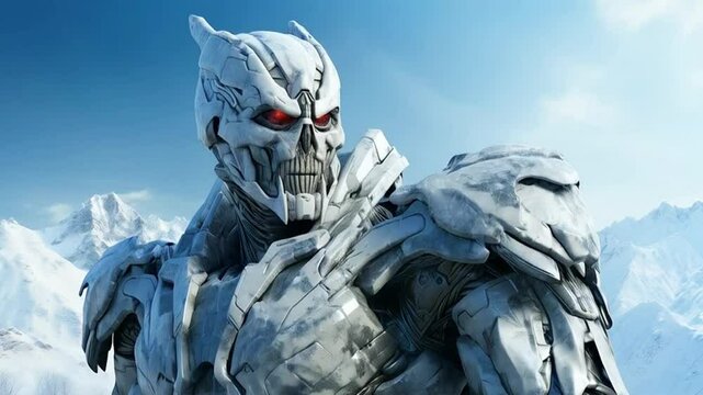 Ice monster in snowy mountain landscape. Fantasy concept