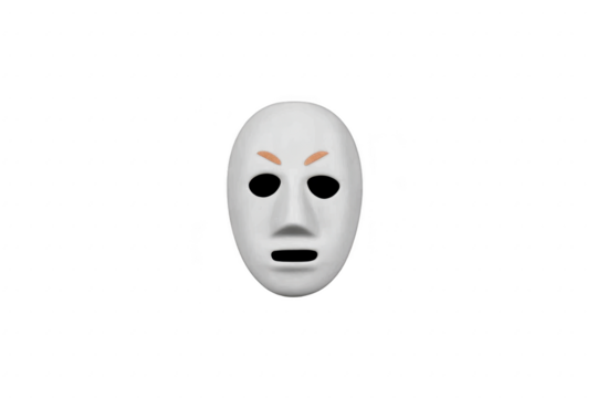 White theatrical mask with exaggerated facial features, including arched eyebrows and neutral expression, is set against transparency background. mask simplicity evokes mystery and drama - Powered by Adobe