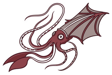 The cartoon reddishbrown squid displays many tentacles and gray wings, making a unique sea creature