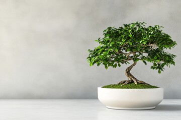 Stylish Bonsai Tree in Modern Pot on Minimalist Table Against Textured Wall
