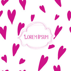 Hearts seamless pattern hand drawn with banner. Pink doodle symbols on white.