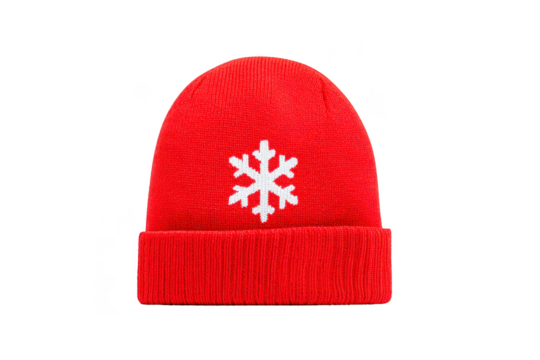 Red knit beanie with white snowflake design, perfect for winter warmth and style. cozy hat is ideal for cold weather, adding festive touch to any outfit