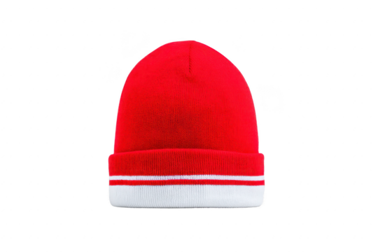 Vibrant red knit beanie with white and red striped cuff, perfect for winter warmth and style. simple design adds pop of color to any outfit