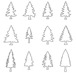 Obraz premium Tree silhouette, Christmas tree clip art. Winter Holiday Symbols. Spruce tree, ink plant sketch, hand drawing. Design EPS 10