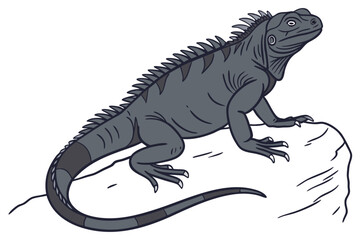 Obraz premium Gray cartoon iguana with spines sits calmly atop a sketched white rock