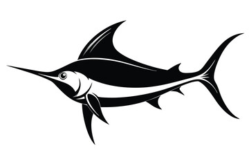 Black and white marlin swims toward right, showcasing sharp bill and fins