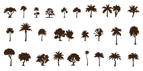 silhouette tree line drawing set,  set of  trees elements outline symbol for landscape design drawing. Vector illustration in stroke fill in white. 