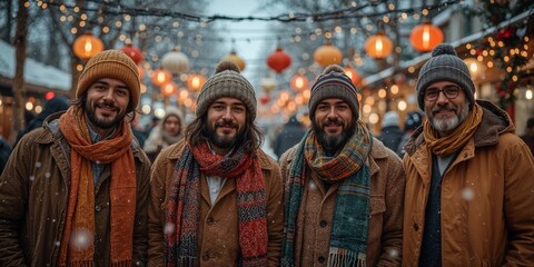 Naklejka premium Festive outing with friends at a winter holiday market.