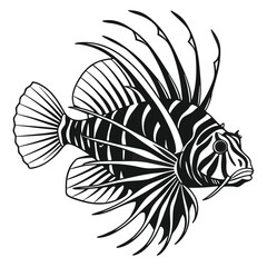 Striped lionfish swims gracefully, an elegant monochrome creature showing its detailed fins and body