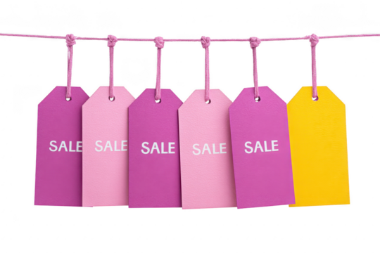 Purple and pink sale tags hang on string, with one yellow tag standing out, creating vibrant and eye catching display for promotions