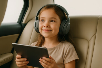 Young girl enjoying tablet entertainment with headphones in car backseat. mobile education