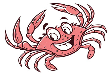 Cheerful cartoon crab smiles broadly with its claws raised up in a playful manner