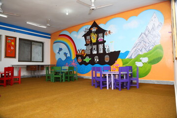Colorful modern Kindergarten Classroom Interior with Educational Decor and Furniture for Kids in school
