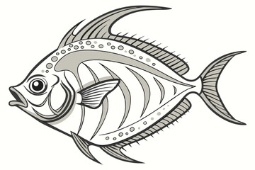Illustrated grey fish with a detailed skeletal structure stands out against plain background