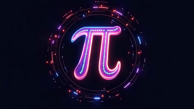 Pi symbol glowing in neon pink and blue light.  Mathematical constant pi symbol in bright neon colors, surrounded by a futuristic digital circle. Pi symbol design for educational projects,