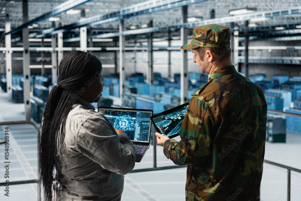 Poster military server hub personnel analyzing ai enhanced surveillance data together. commander in data ce