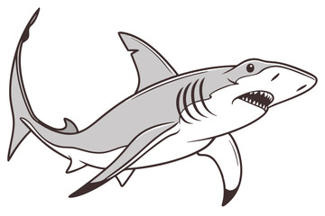 Gray cartoon shark with open mouth displaying sharp teeth swims aggressively across frame
