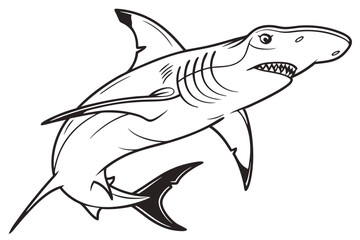 Cartoon shark showing its teeth and swimming with black lines against a white background