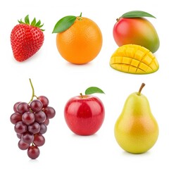 A vibrant display of fresh fruits including strawberries, oranges, mangoes, grapes, apples, and pears, showcasing a rainbow of colors.