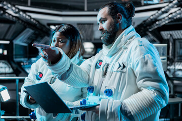 Team of astronauts working together to confirm suit integrity using laptop. Orbital station...