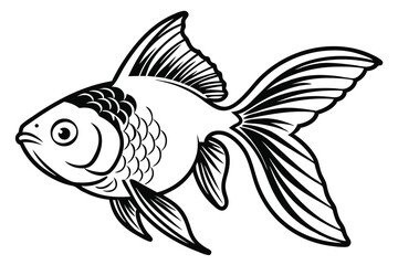 Black and white stylized goldfish swims elegantly with beautiful fins and scales