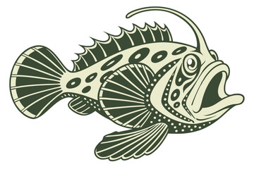 Anglerfish displays circular and striped dark green patterns across its beige body against a white background