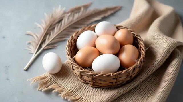 Fresh eggs in rustic basket on beige fabric. Brown and white eggs in wicker basket with feather.  Farm fresh eggs concept for Easter recipes or spring breakfast.