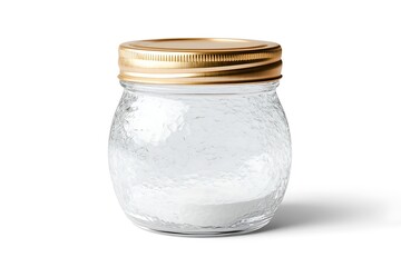 Clear Cracked Glass Jar with Gold Lid on White Background, Isolated Still Life