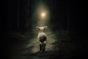 One Missing Lamb at Forest Night, Bible Concept of Jesus Looking for Lost Sheep