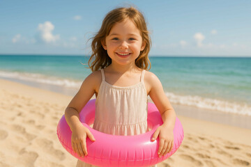 Smiling child enjoying beach day with pink inflatable ring under clear blue sky. swim ring