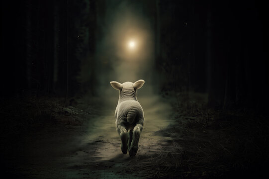 One Missing Lamb at Forest Night, Bible Concept of Jesus Looking for Lost Sheep